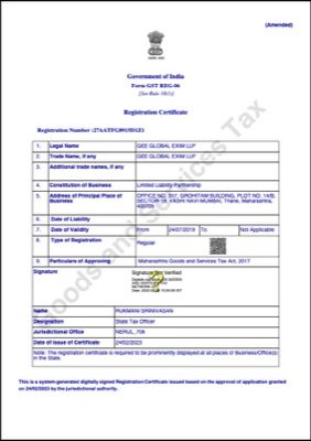 GEE Global Exim GST Tax Compliance Registration Certificate