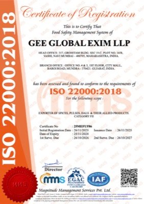 GEE Global Exim ISO 22000:2018 Food Safety Certificate