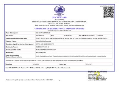 GEE Global Exim Spices Board India Registration Certificate